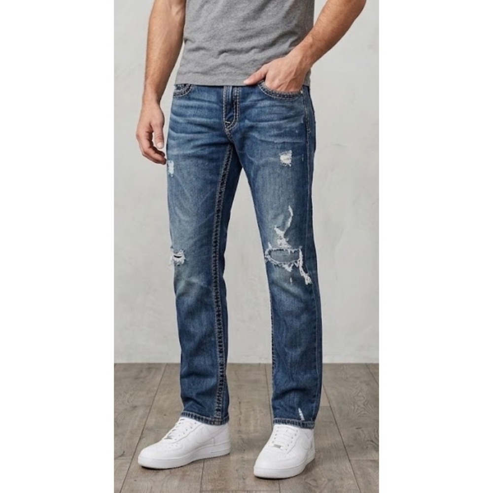 BKE Jake Straight Leg Distressed Blue Denim Jeans Mens 33R Medium Wash 33 x 31